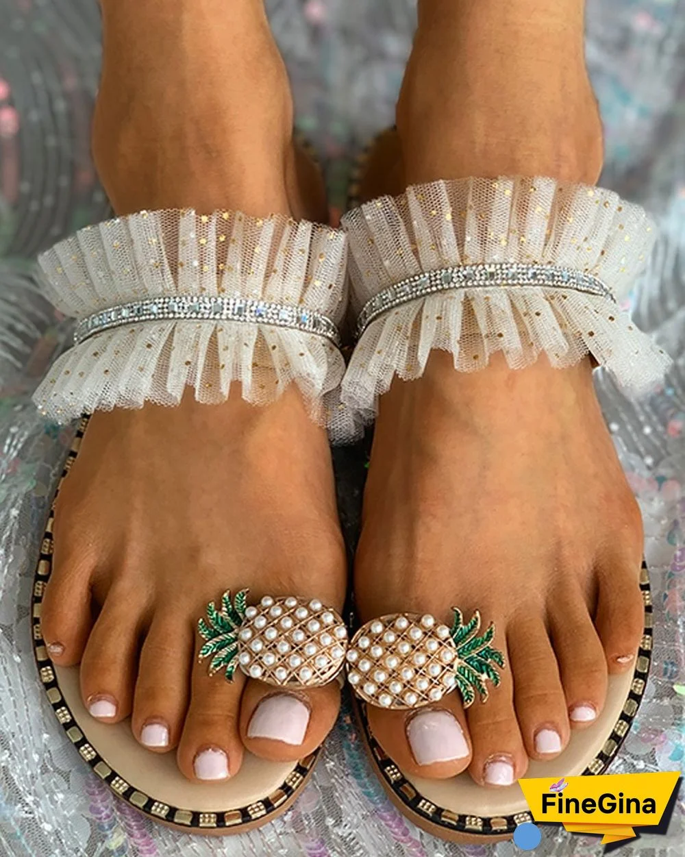 Pineapple Pattern Sequins Mesh Slippers