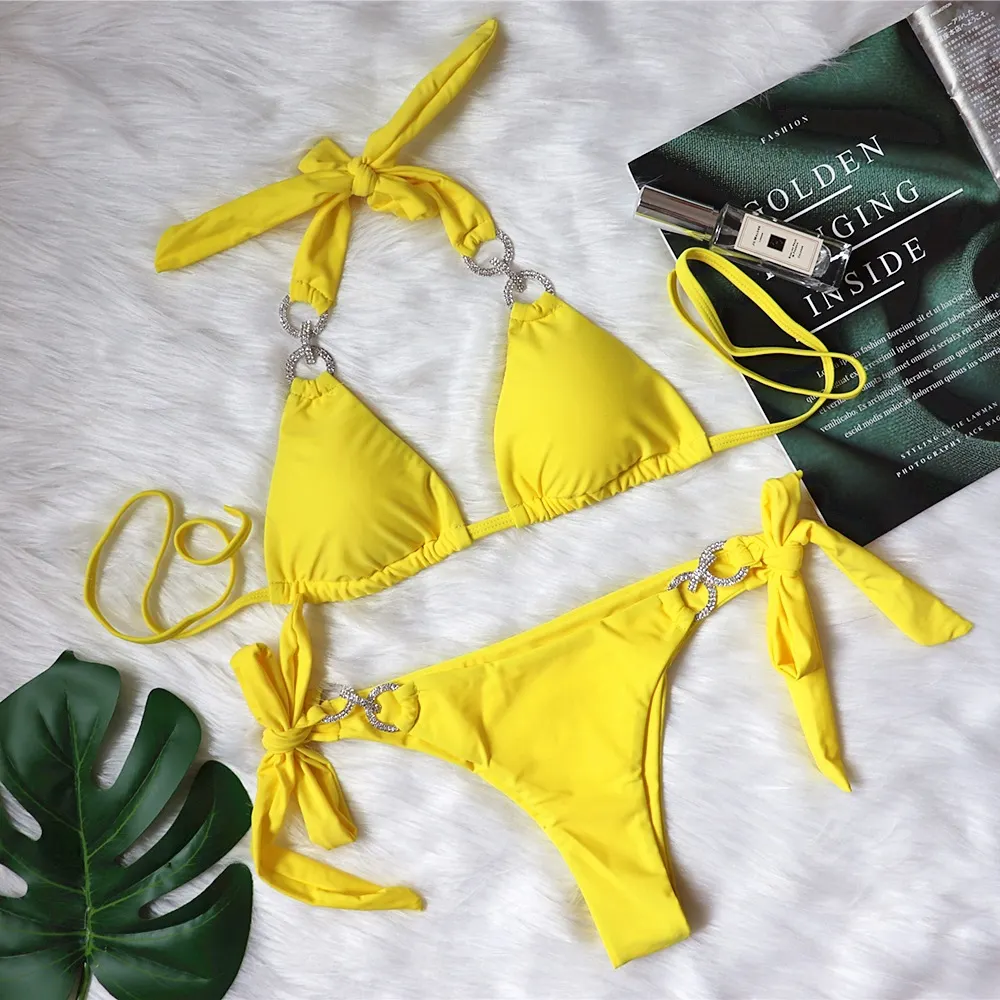 Brownm Brownm New Swimsuit Sexy Crystal Diamond Solid Color Strap Bikini Beach Vacation Swimsuit Woman