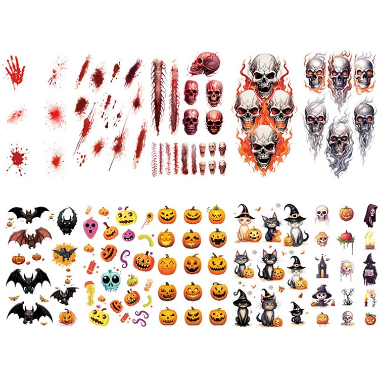 10 Sheets Scars Skull Bat Pumpkin Halloween Temporary Tattoo Stickers