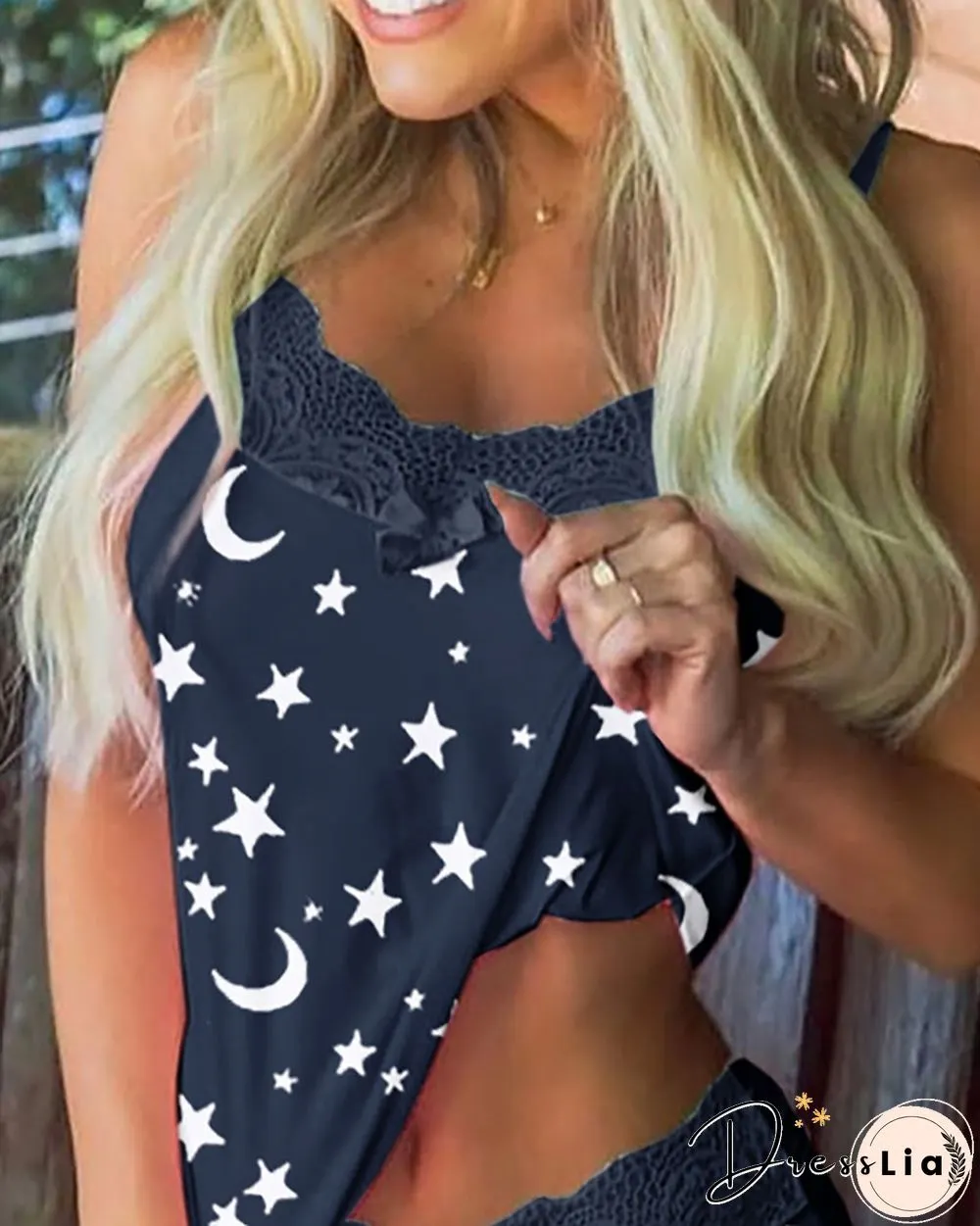 Star Moon Print Lace Trim Bowknot Decor Cami Set