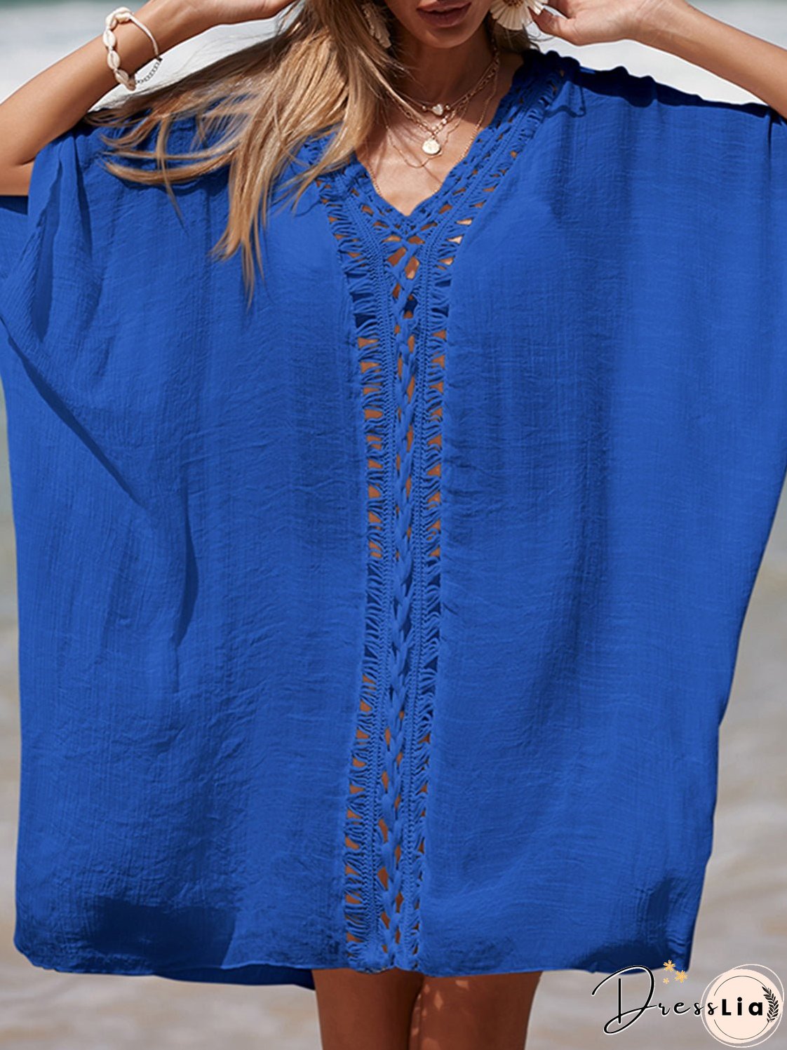 Cutout V-Neck Three-Quarter Sleeve Cover Up