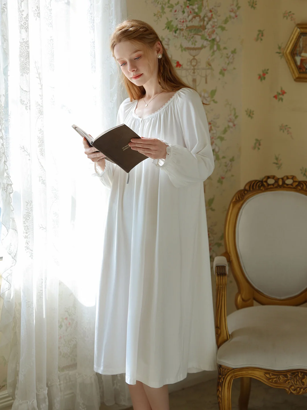 Round Neckline Long Dress French Palace Plus Size One-piece Vintage Nightgown