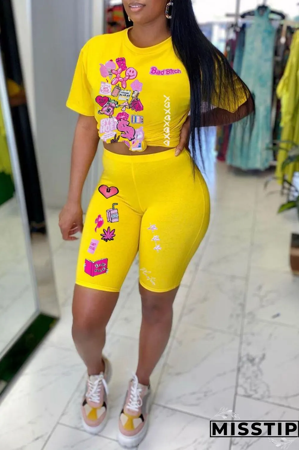 Grey Casual Print Basic O Neck Short Sleeve Two Pieces