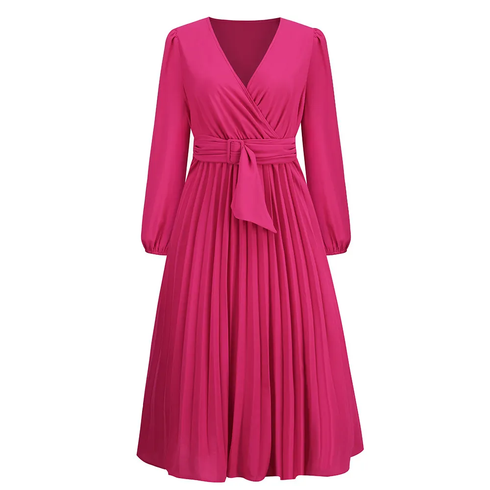Women's V-Neck Pleated Chiffon Midi Dress
