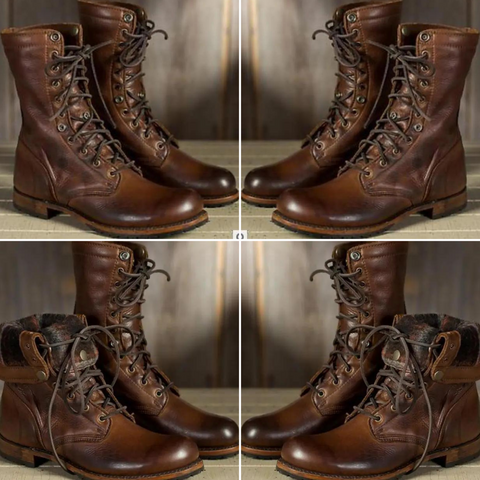 Paar braune Lederstiefel mit rustikalem und stilvollem Design.