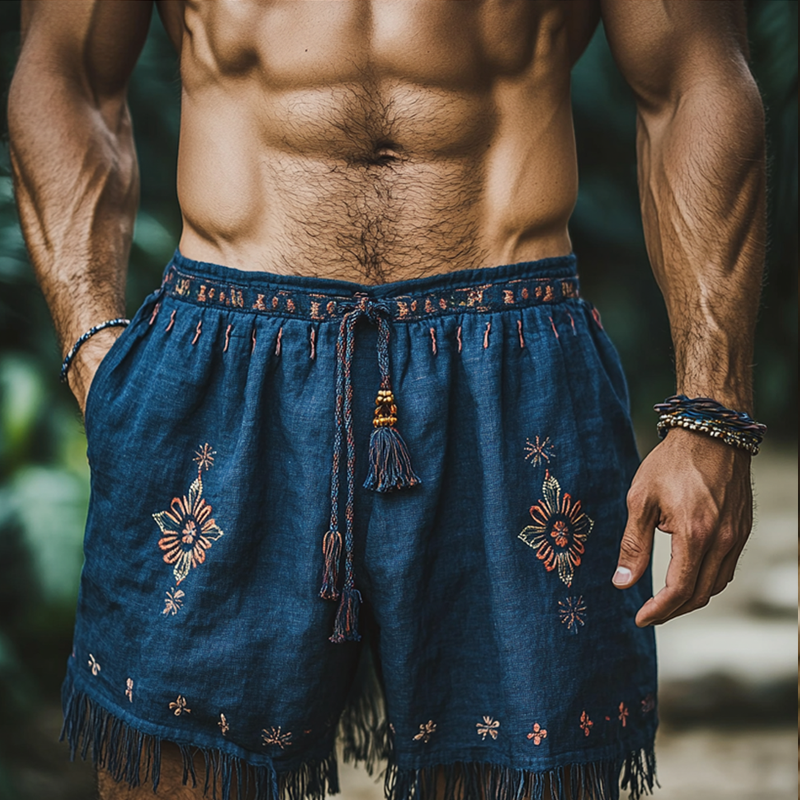 Bohemian Embroidered Denim Shorts with Tassels