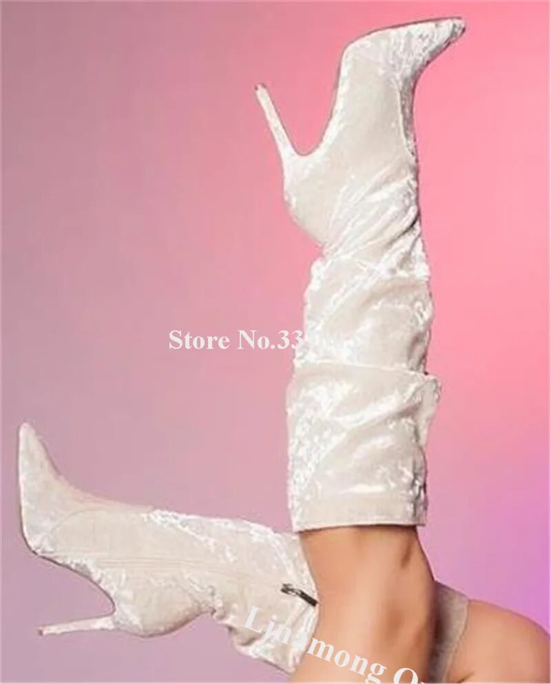 VCSHOES Pointed Toe Beige Velvet Stiletto Heel Knee High Boots Slim Long High Heel Boots Wedding CLub Dress Shoes