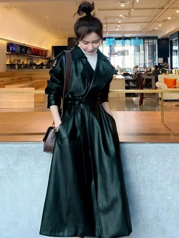 Oversized Black Long Sleeve Bandage Pu Leather Trench Coat