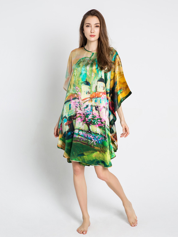 19 Momme Ldyllic Scenery Printed Loose Plus Size Nightgown-Real Silk Life