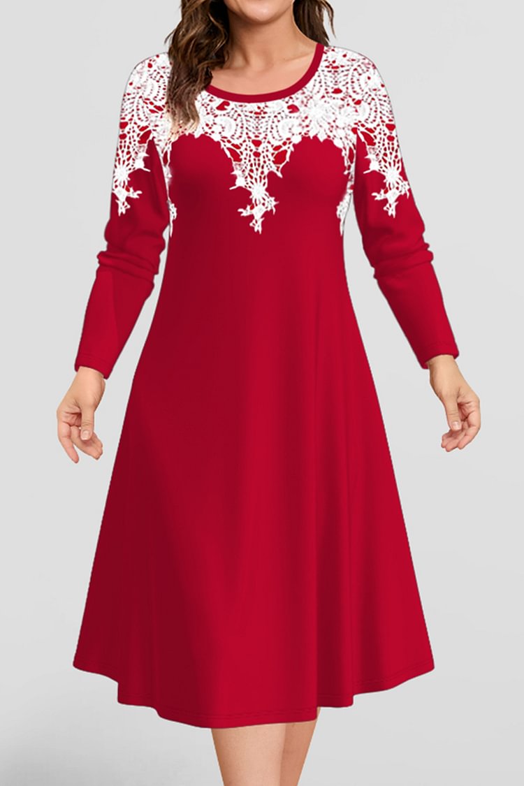 Flycurvy Plus Size Casual Red Lace Print Tunic Midi Dress  flycurvy [product_label]