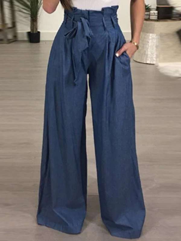 Women's solid color high waist lace-up casual wide-leg pants-Mayoulove