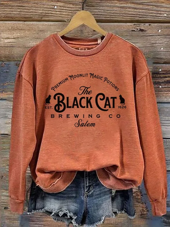 Women's Salem Massachusetts The Black Cat Brewing Co Salem Printed Round Neck Long Sleeve Sweatshirt socialshop