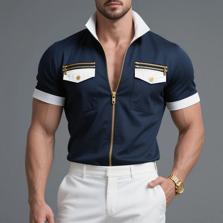 Okaywear Poplin Turndown Collar Flap Pocket Zipper Short Sleeve Shirt Okaywear