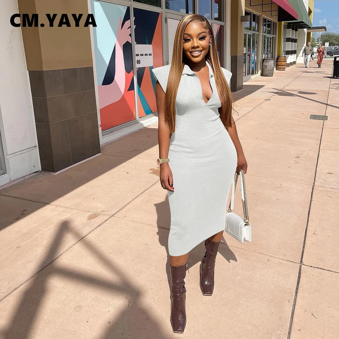 CM.YAYA 2022 Womem Summer Bodycon Bandage Turn-down Neck Midi Dress Sexy Party Evening Club Dresses