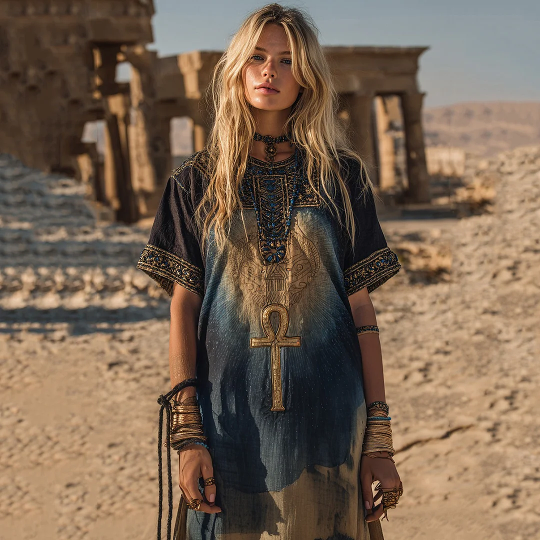 Ancient Egyptian Ankh Embroidered Gradient Cotton And Linen Short Sleeve Maxi Dress
