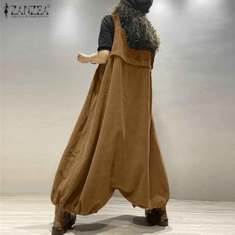 Fashion Suspenders ZANZEA Women Autumn Wide Leg Rompers Casual Corduroy Jumpsuits Loose Playsuits Solid Drop-Crotch Overalls