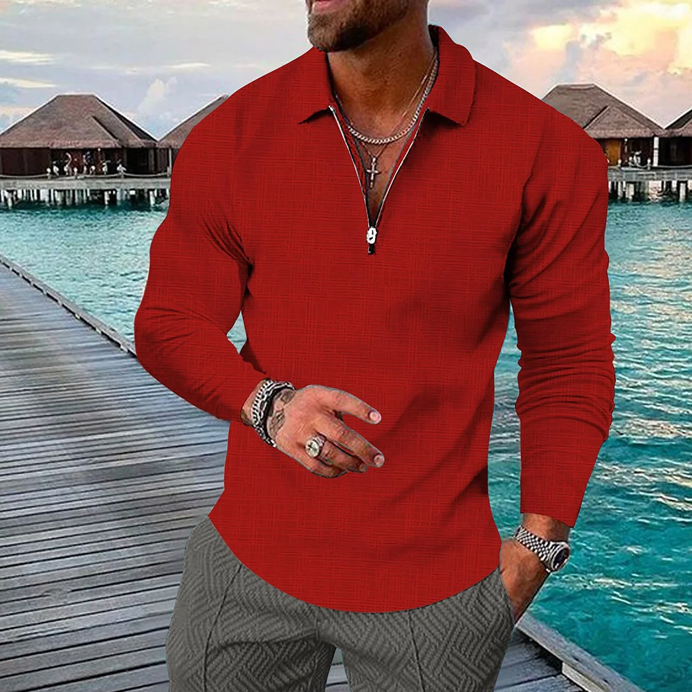 Smiledeer Spring New Men's Lapel Zipper Long Sleeve POLO Shirt