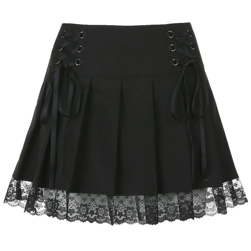 Black Goth Aesthetic Pleated Skirts Women Lace Low Waist Mini Skirt Punk Dark Y2K Dance Streetwear Ladies Sexy Short Skirt 2021