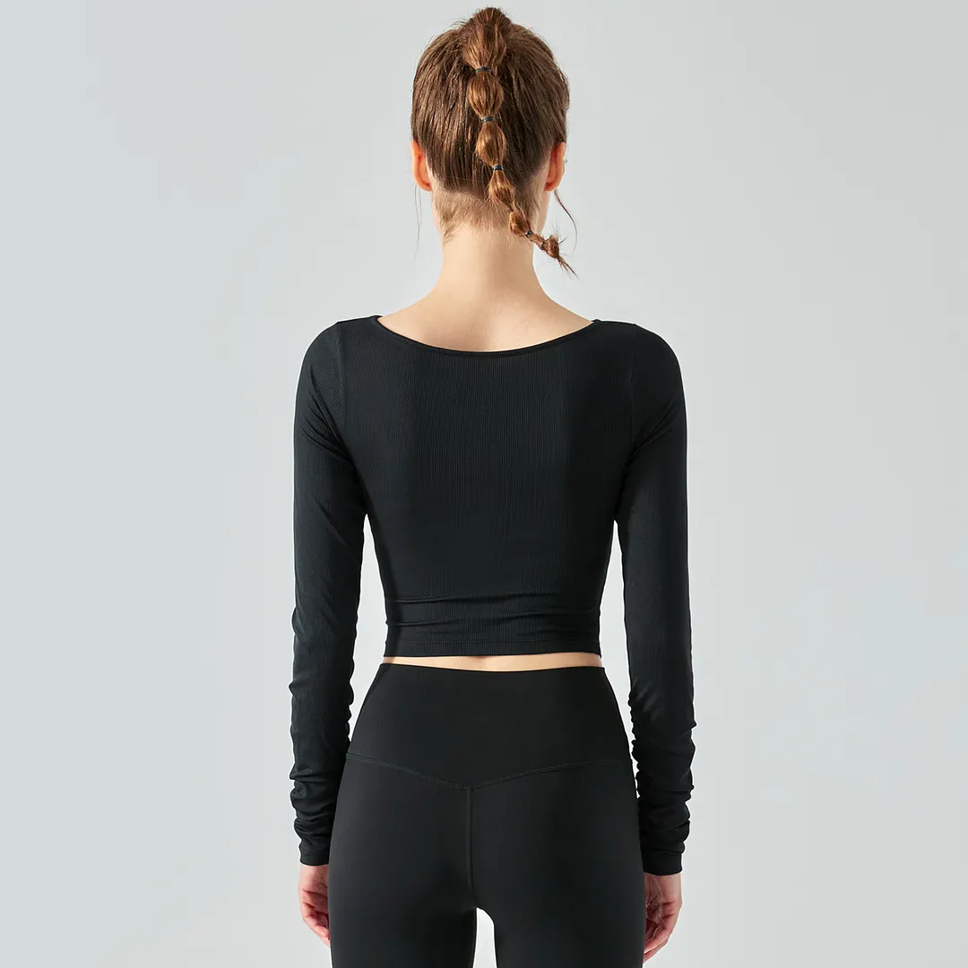 Buy Hergymclothing Black breathable long sleeve sports athletic shirt ribbed cropped top at an affordable price 