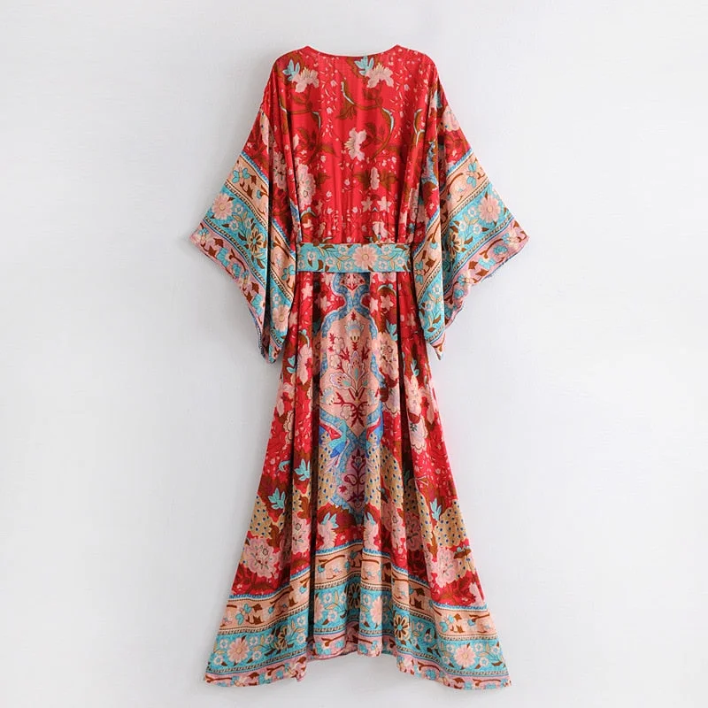 Fitshinling Vintage Elegant Chic Beach Long Dress With Sashes Big Sleeve Print Floral Button-Up Slim Vestidos BOHO Maxi Dresses