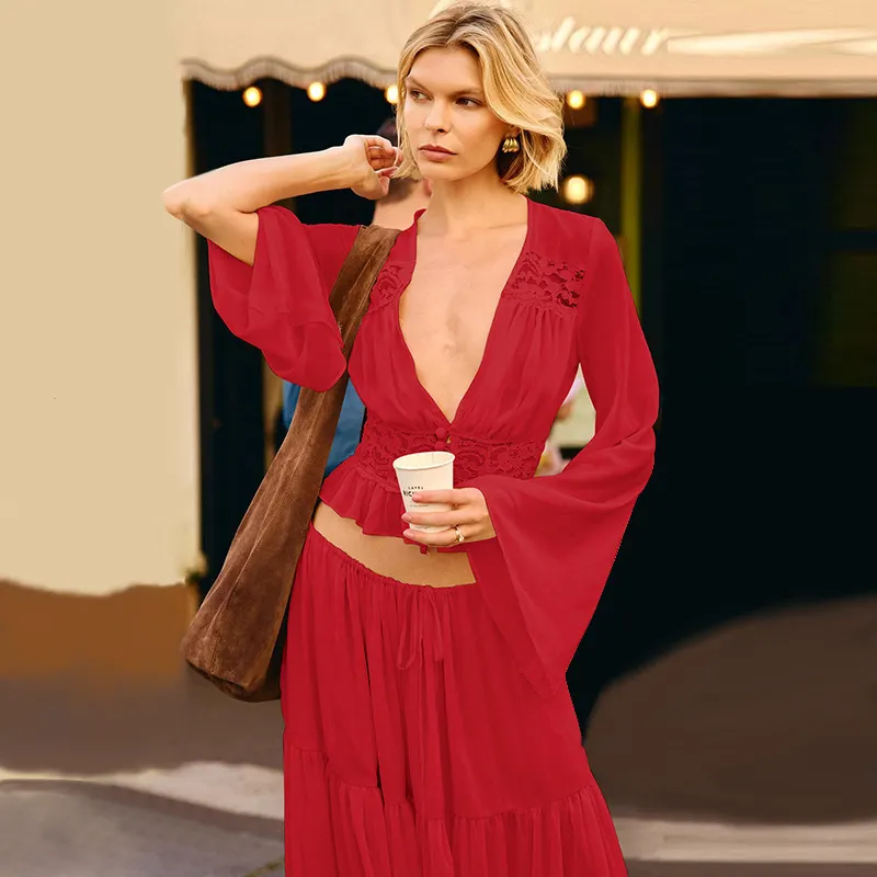 Women Matching Flowy Linen Look Lace Spliced V-Neck Long Sleeve Chiffon Tiered Skirt Two Piece Casual Daily Outfit Set