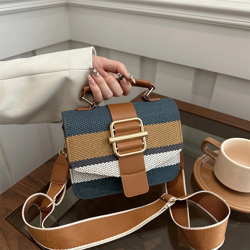 Women's Pu Leather Stripe Classic Style Sewing Thread Square Magnetic Buckle Flip Cover Crossbody Bag