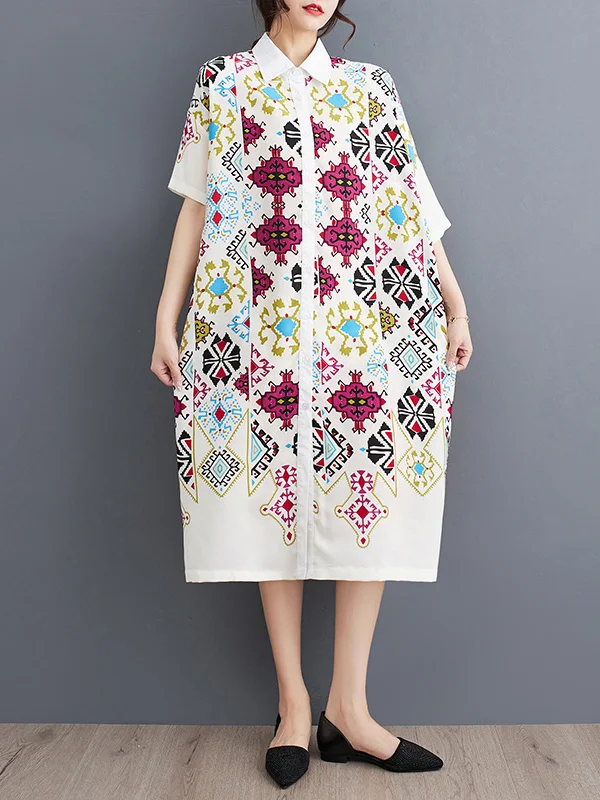 Buttoned Printed A-Line Loose Lapel Midi Dresses