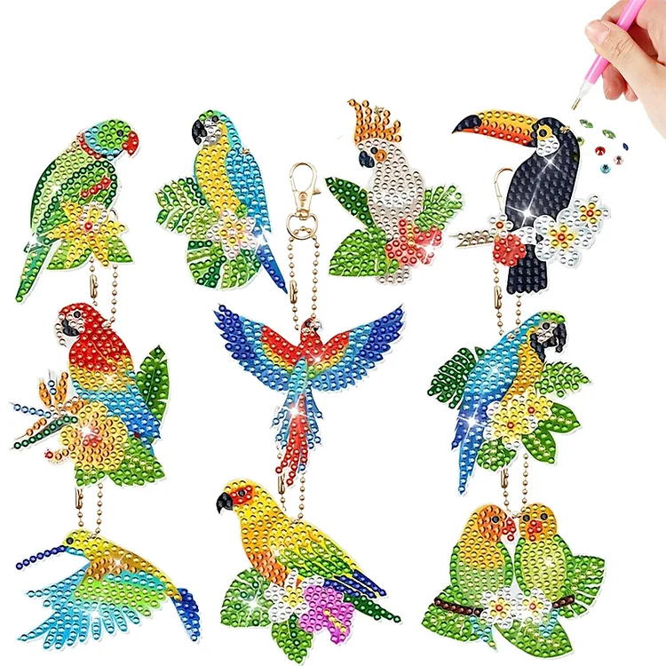 10Pcs Double Sided Parrot Diamond Painting Art Keychain Pendant DIY Crafts Decor