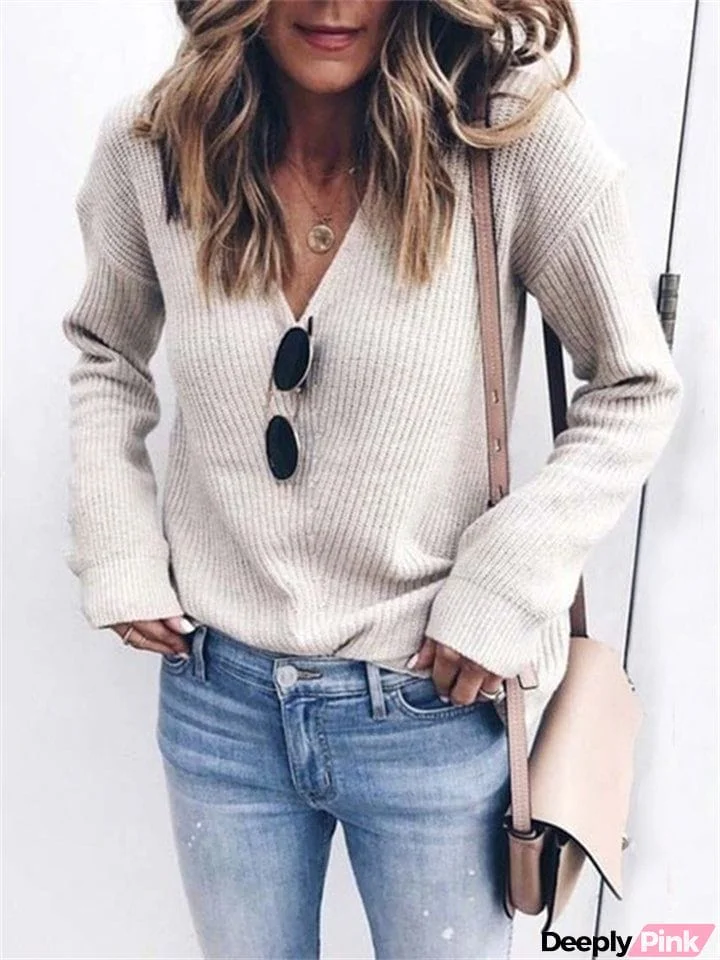 Casual Pullover V-neck Knitting Sweater for Women