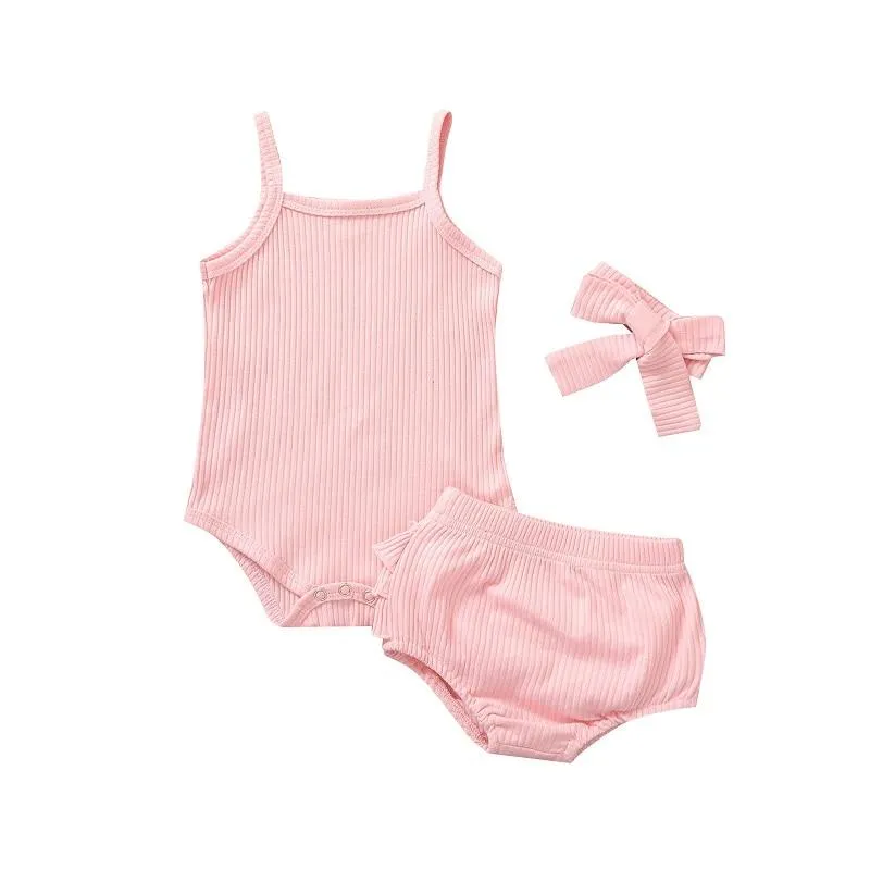 2021 Baby Summer Clothing Infant Newborn Girl 3 Pcs Ribbed Outfits Suits, Sleeveless Knit Romper Tank Top Ruffle Shorts Headband