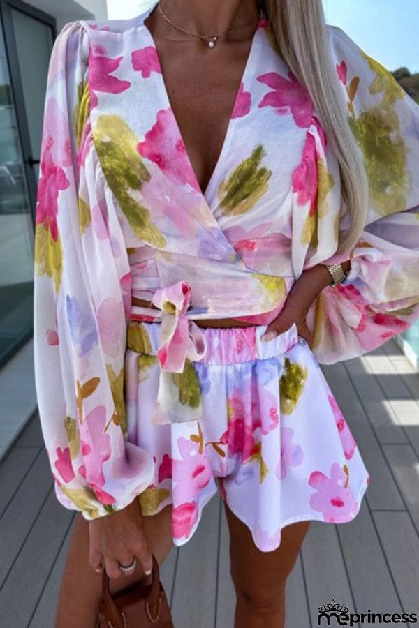 Floral Printed Balloon Sleeve V Neck Shirt Elastic Waist Straight Leg Shorts Set