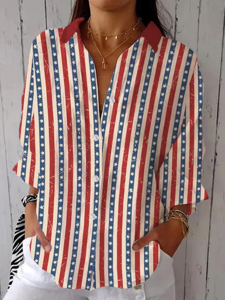 Women's Independence Day Vintage Patriotic Stars And Stripes Print Casual Shirt wearshes