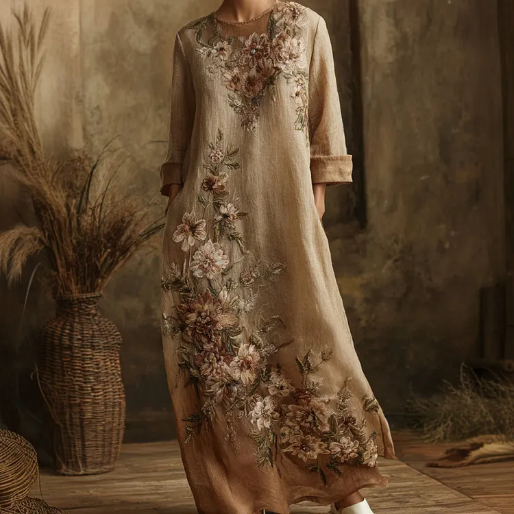 Women's Floral Embroidered Linen Long-sleeved Dress