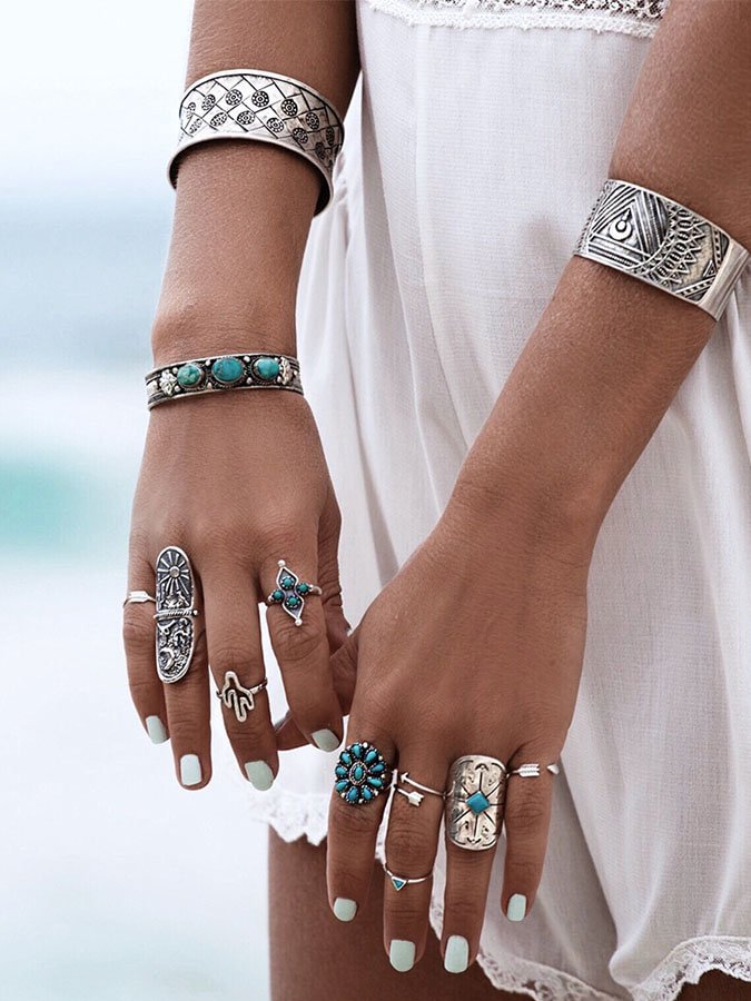 Vintage Turquoise Adjustable Ring 9 Piece Set