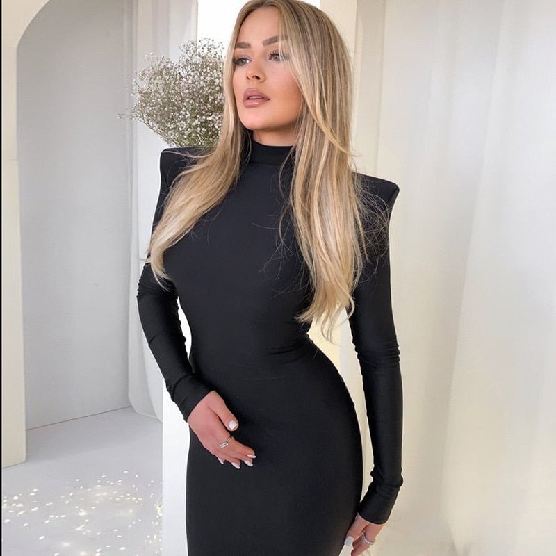 Midi Green Long Sleeve 2022 Women Dress Party Autumn Winter Turtleneck Black Sexy Bodycon Dresses Elegant Club