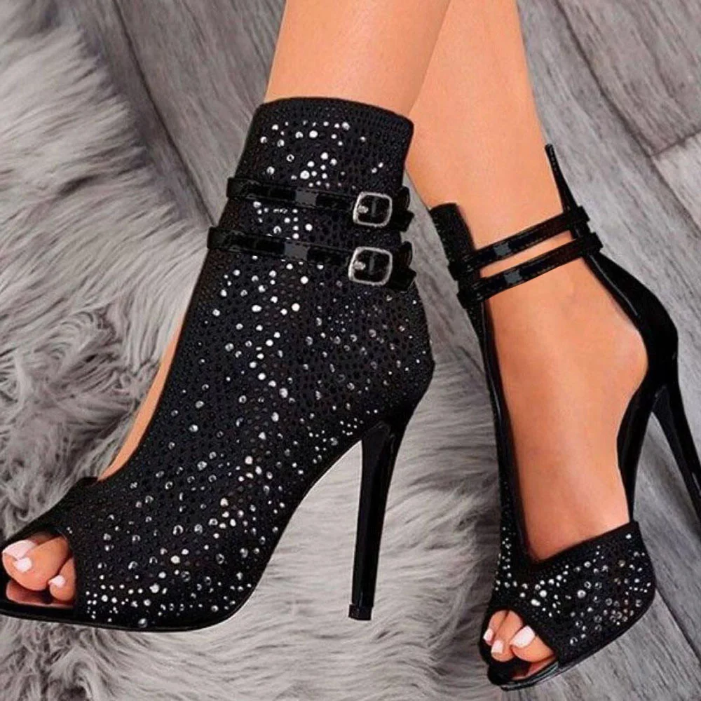 Black Suede Opened Toe Strappy Rhinestone Sandals With Stiletto Heels Nicepairs