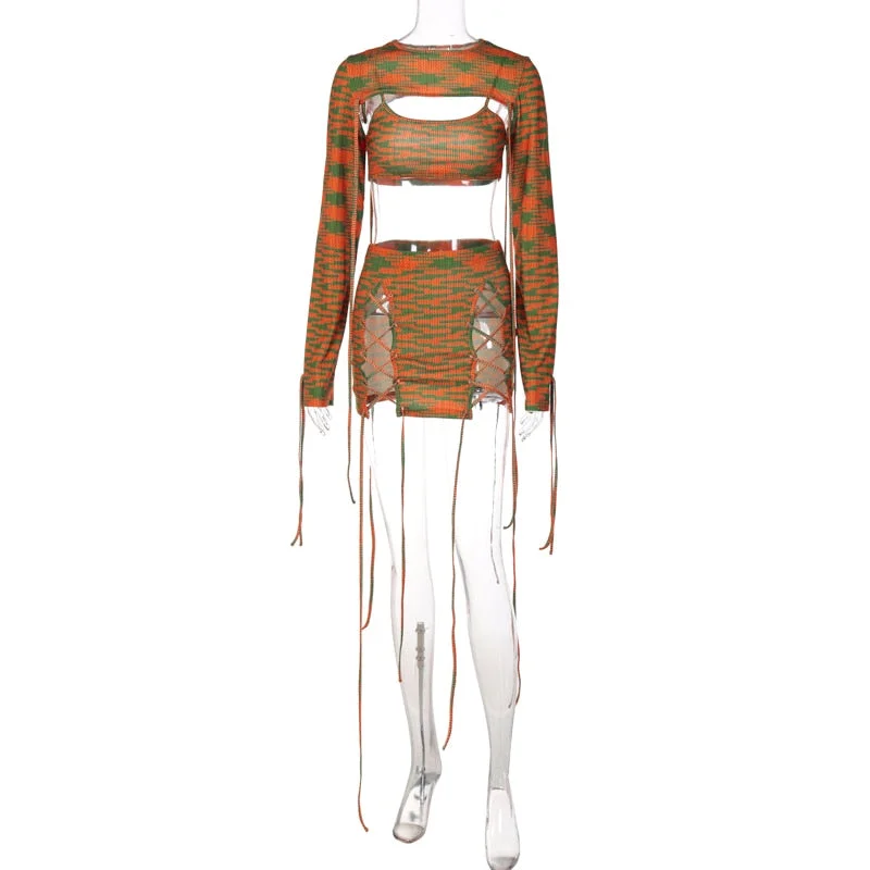 Hugcitar Print Knitting Women Long Sleeve Crop Top Drawstring Mini Dress 2 Piece Set 2021 Autumn Y2K Streetwear Outfit Fashion