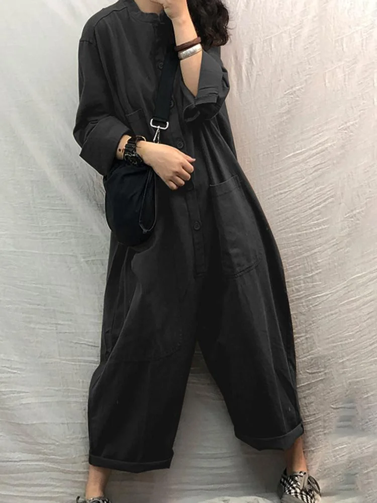 Women Jumpsuit 2022 Female Oversized Romper ZANZEA Autumn Loose Pockets Overalls  Casual Solid Stand Collar Bottom