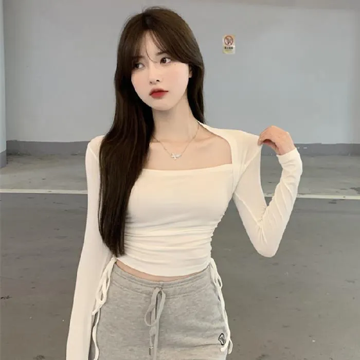 Brownm Brownm Square Collar Bottom Shirt Female Design Sense Niche 2023 Autumn Outfit With Long-Sleeved T-Shirt Slim Draw Rope Top Tide