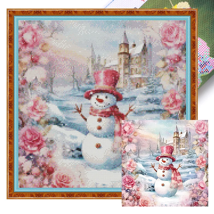 『HuaCan』Pink Snowman - 11CT Stamped Cross Stitch(40*40cm)