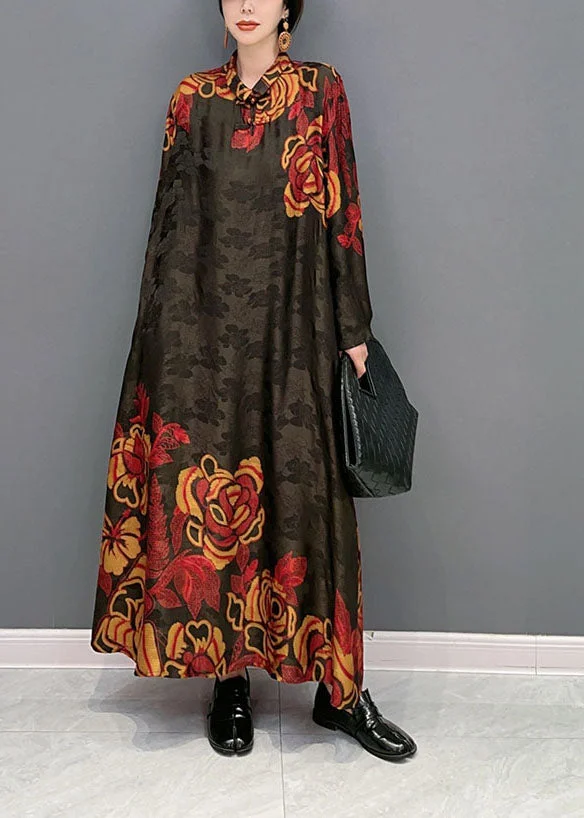 4.15Vintage Colorblock Oversized Patchwork Chinese Button Silk Long Dress Spring