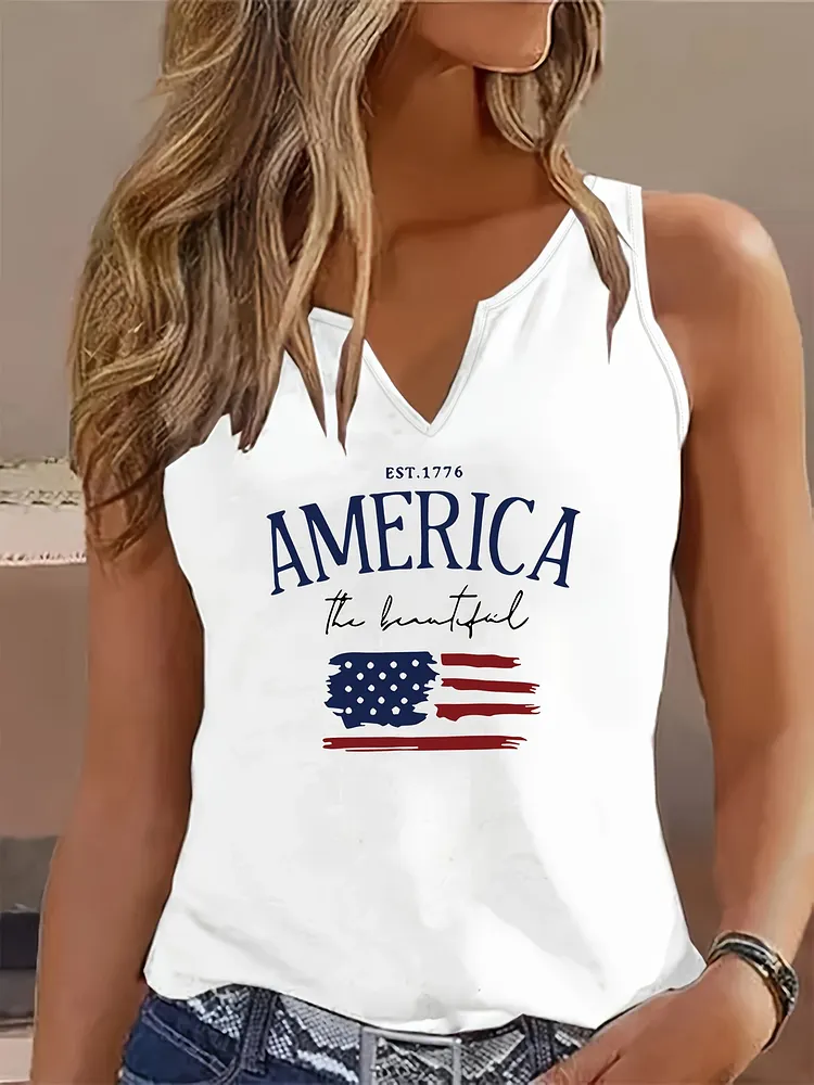 Womens White Patriotic America The Beautiful Letter Print Tank Top Sleeveless V-Neck