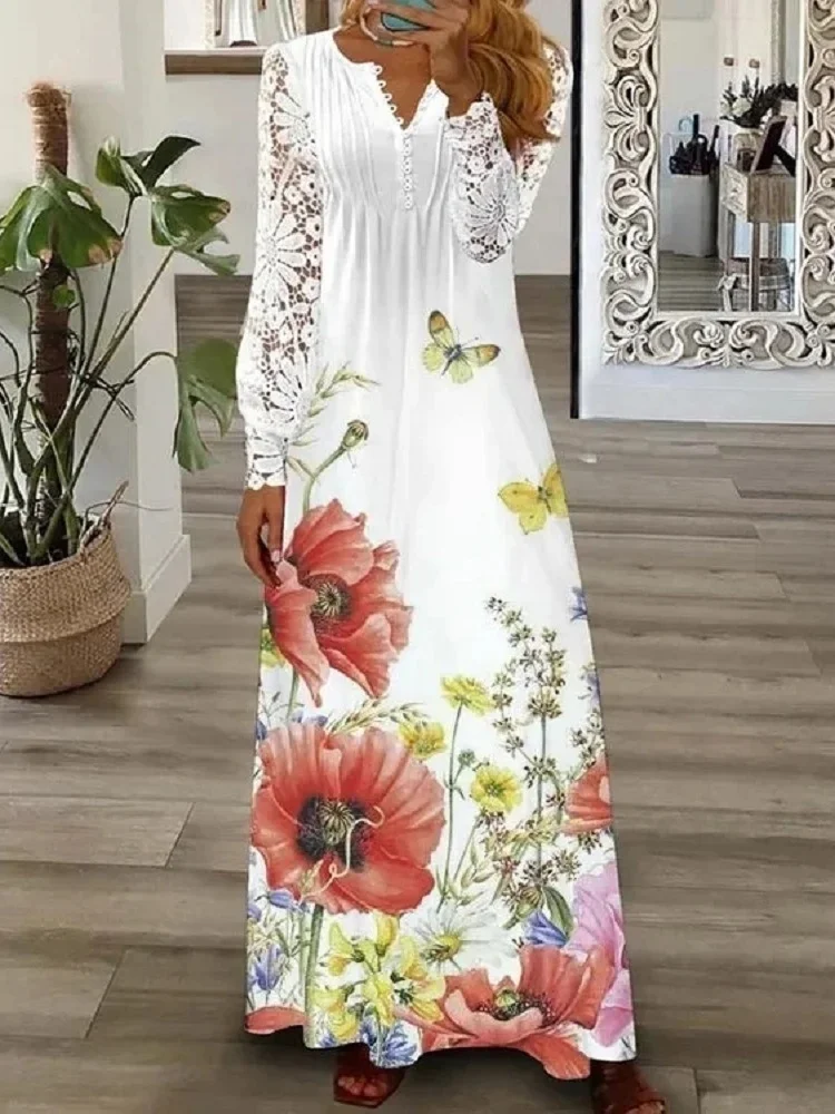 Flowers Art Print Floral Lace Sleeve Maxi Dress