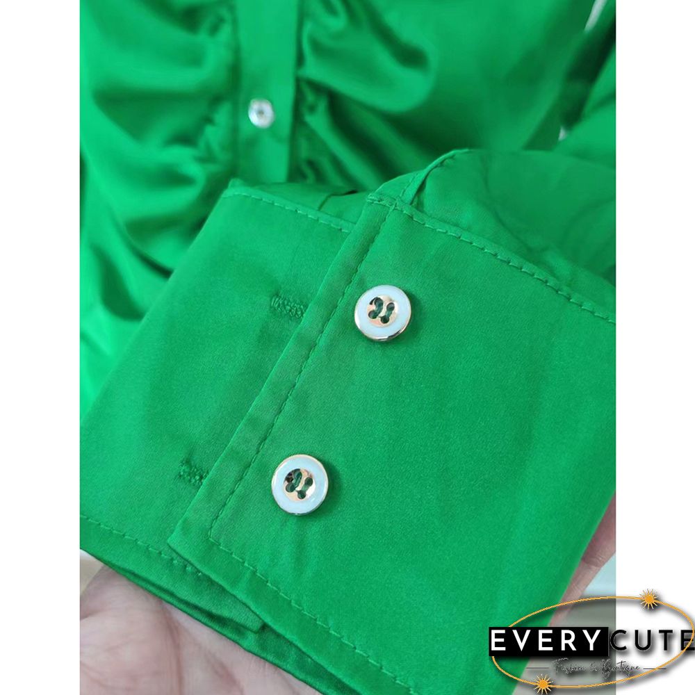 Green Pleated Button Long Sleeve Shirt