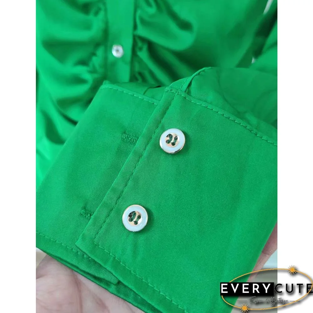 Green Pleated Button Long Sleeve Shirt