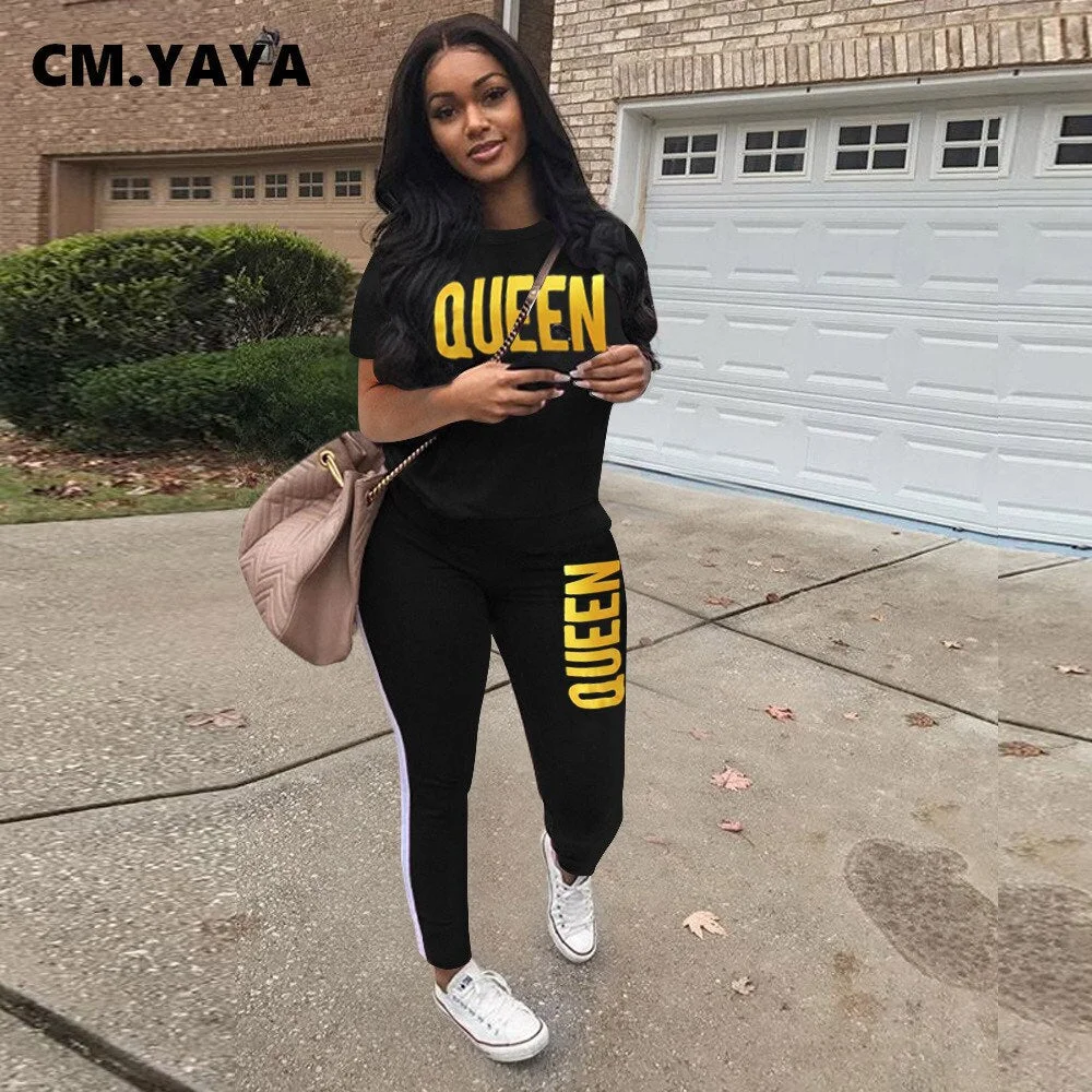 CM.YAYA Active Queen Striped Sweatsuit Women's Set Tee Tops Jogger Pants Set Sporty Tracksuit Two Piece Set Fitness Outfit 2021
