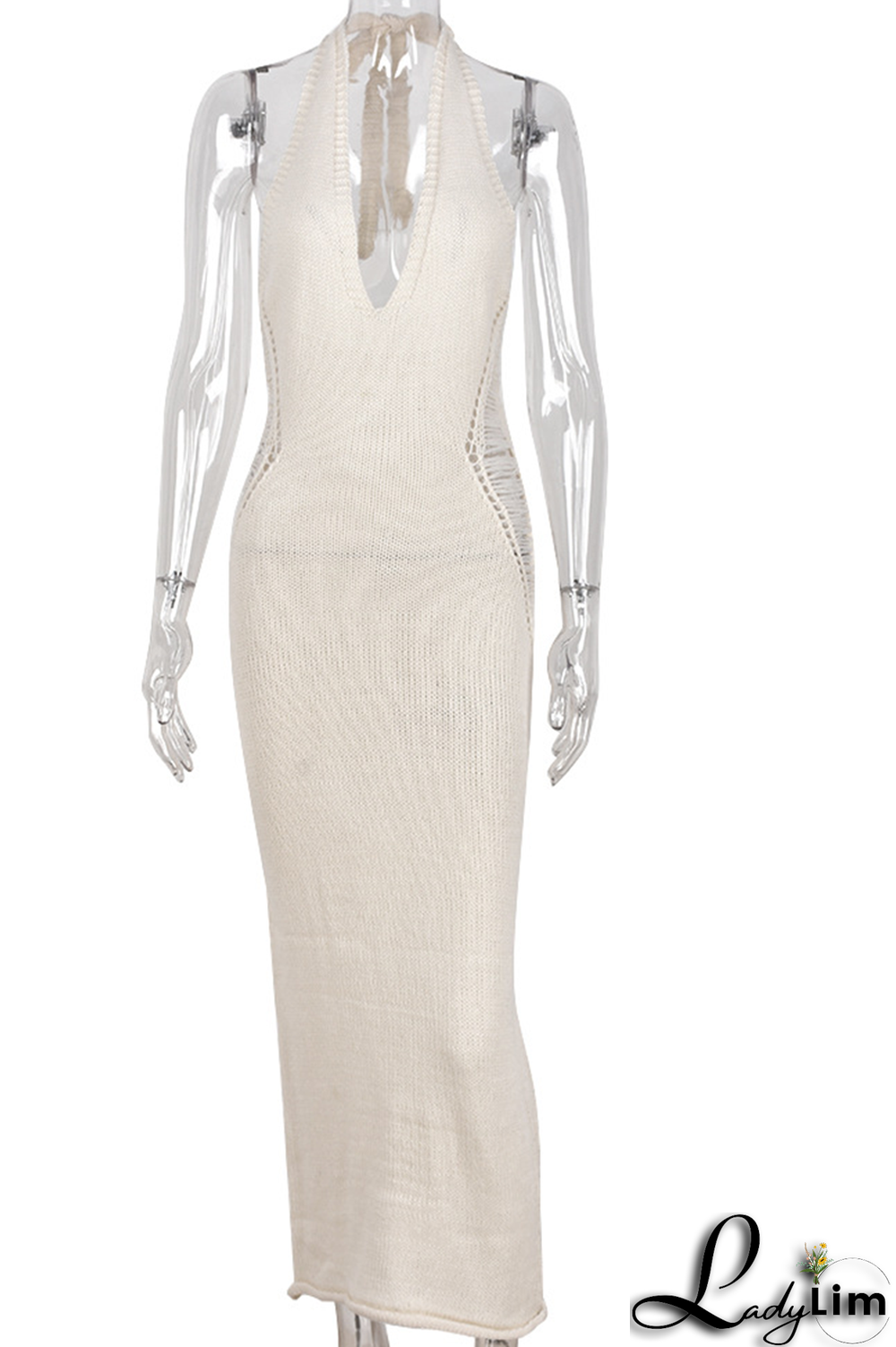 Apricot Sexy Solid Ripped Halter Pencil Skirt Dresses