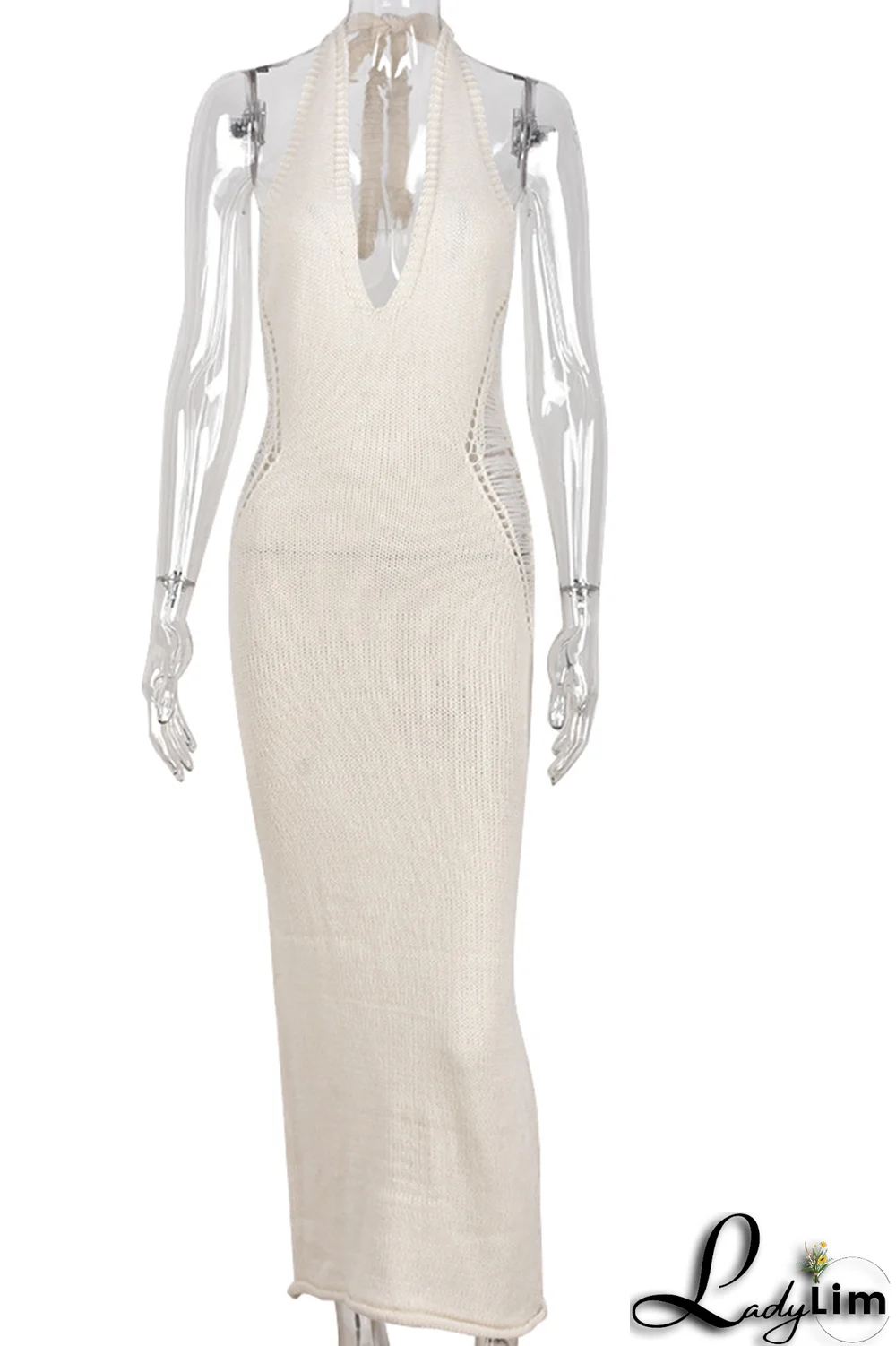 Apricot Sexy Solid Ripped Halter Pencil Skirt Dresses