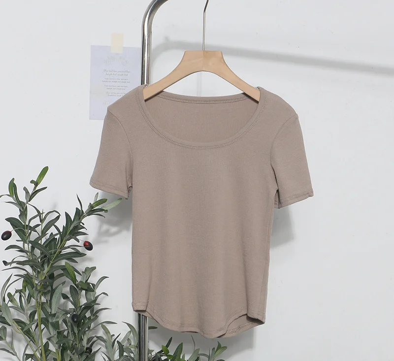 Breakj Solid Color Irregular U-Neck Short-Sleeved T-Shirt Woman Xia Slimming Leisure Short Coat 1809