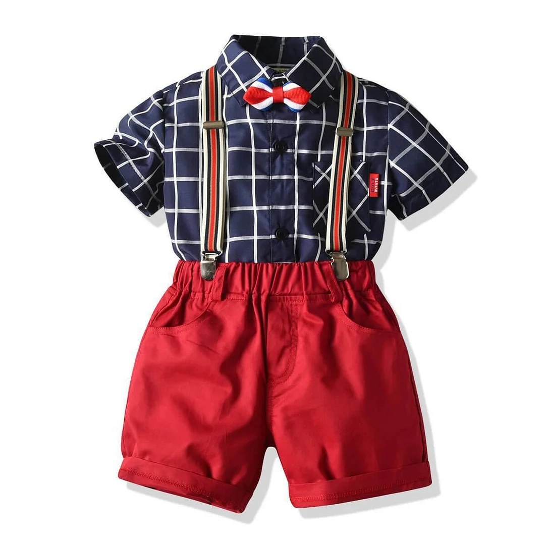 Buzzdaisy Baby Boys Blue Plaid Shirt With Bowtie Red Suspender Shorts Suits